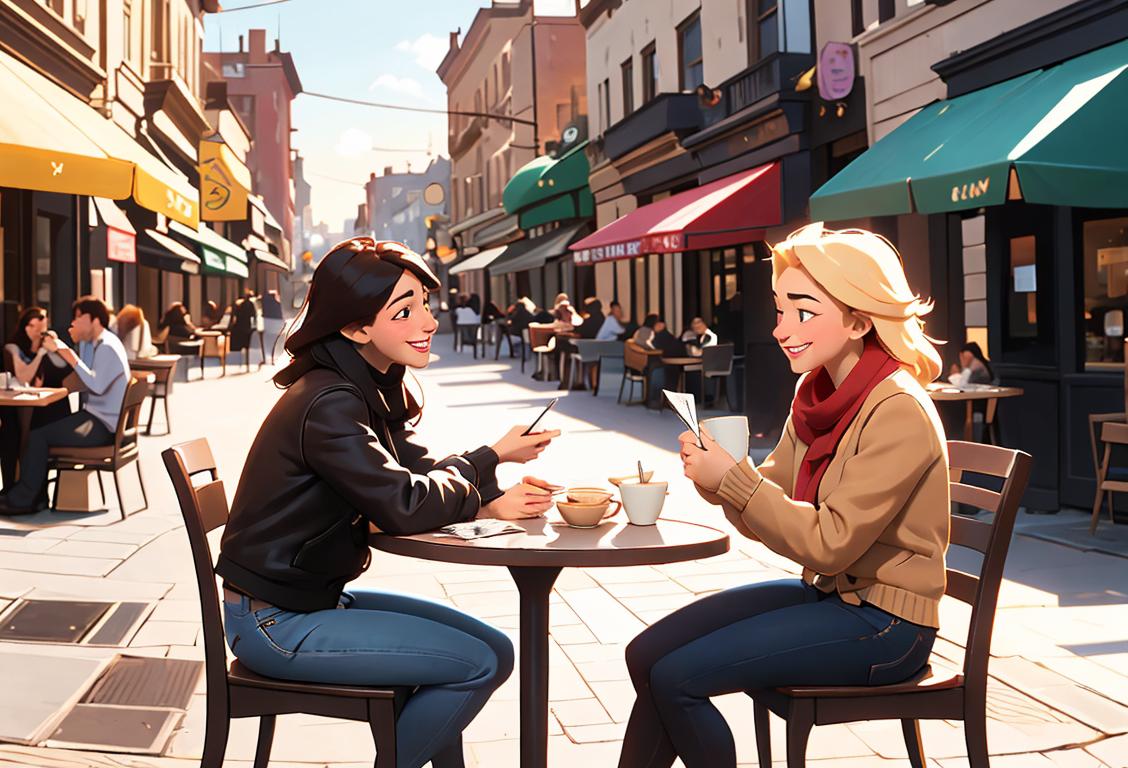 Two friends sitting at a cafe, exchanging money with big smiles, wearing casual attire, city street setting..