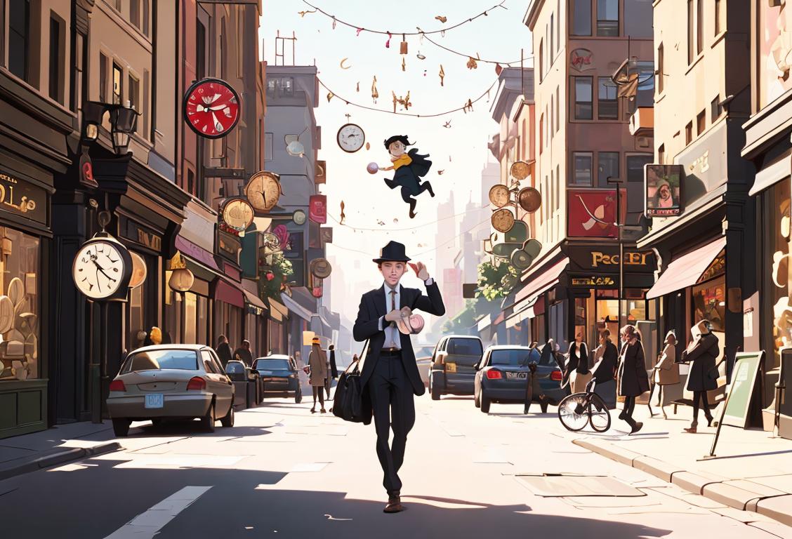 A young person in trendy attire, trying to juggle a stack of clocks, in a bustling city street scene..