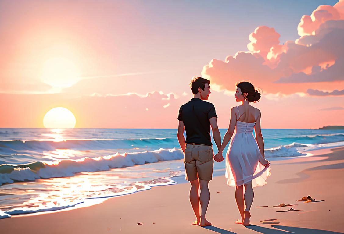 Happy couple holding hands on a beach at sunset, dressed in casual summer attire, with a dreamy, romantic atmosphere..