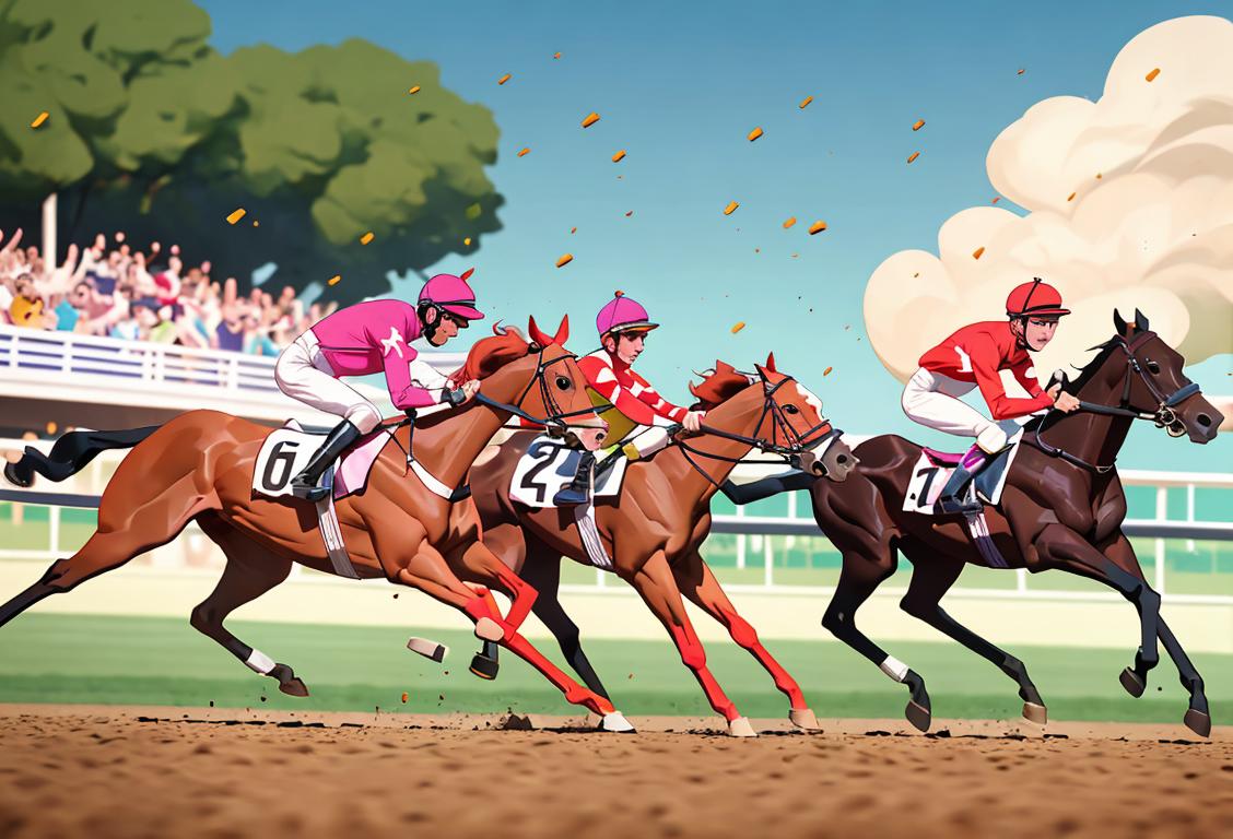 Professional jockey wearing colorful racing silks, riding a powerful horse, on a lush racecourse surrounded by cheering spectators..