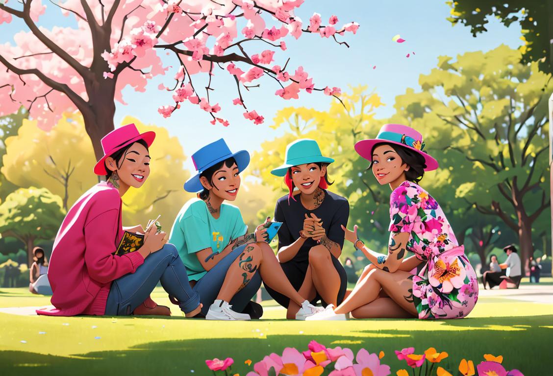 A diverse group of people sitting in a park, each holding a photo album and smiling. They are dressed in modern casual clothing, representing different styles and fashion trends. Some are wearing colorful hats, while others have tattoos or unique accessories. The park is filled with blooming flowers, creating a vibrant and joyful atmosphere. One person is holding a pen and writing in a journal, symbolizing reflection and personal growth. The sun is shining, casting a warm glow on everyone's faces. In the background, there is a sign that says 'Friendship Memories Museum,' emphasizing the importance of cherishing past friendships. This image captures the essence of National Ex Best Friend Day by showcasing a diverse group of individuals celebrating their friendship memories and embracing personal growth..