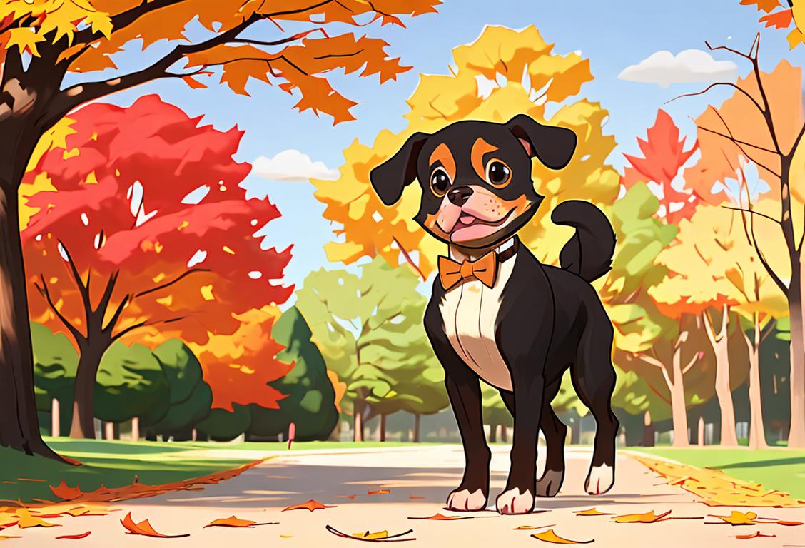 Cute dog wearing a bow tie, strutting confidently through a park with a backdrop of vibrant autumn leaves..