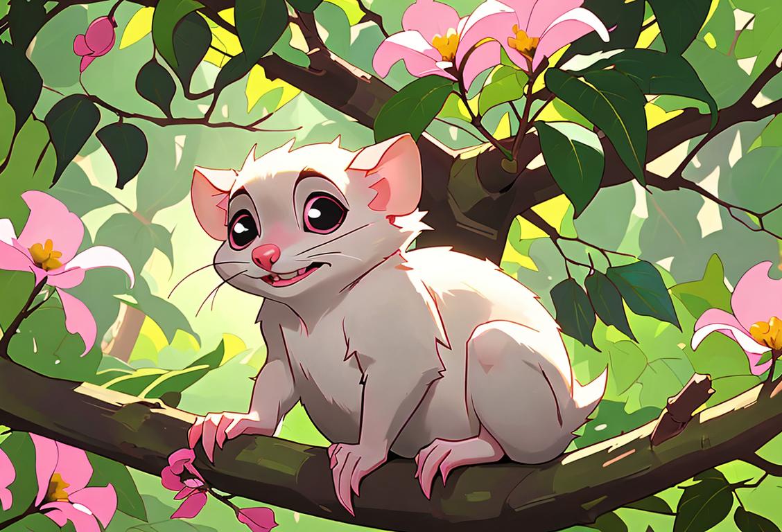 A cute possum with a friendly smile, sitting on a tree branch, surrounded by vibrant greenery and beautiful flowers..