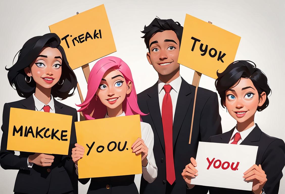 Group of diverse employees in professional attire, holding thank you signs, with a modern office setting and vibrant colors..