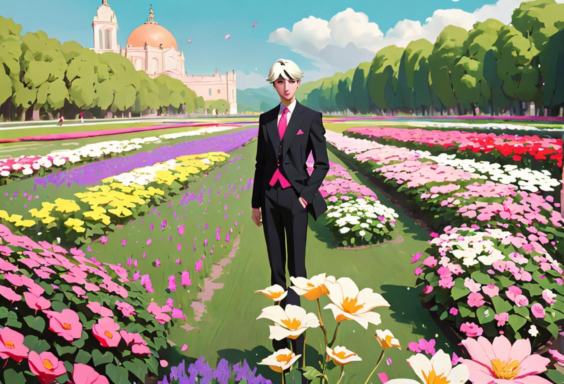 Imagine a charming young man, in stylish attire, surrounded by beautiful flowers and a picturesque cityscape in the background, celebrating the elegance of National Kim Seokjin Day..