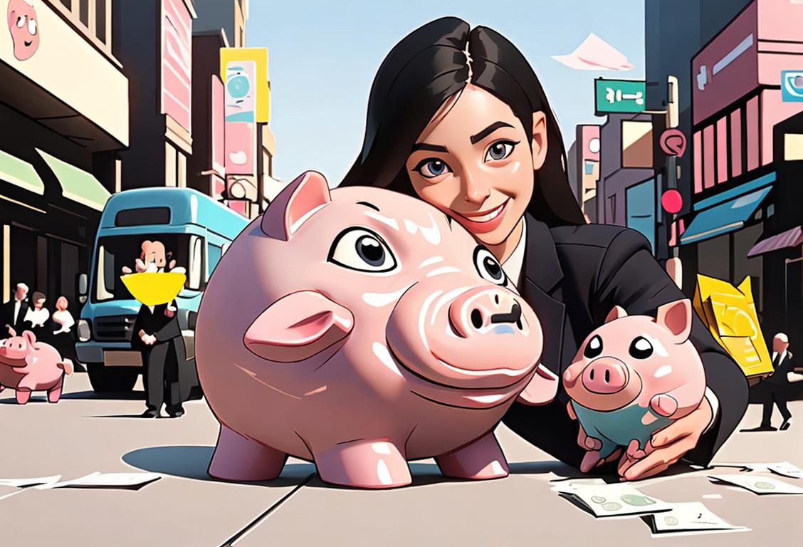 Smiling person holding a piggy bank, wearing business attire, in a bustling city setting..