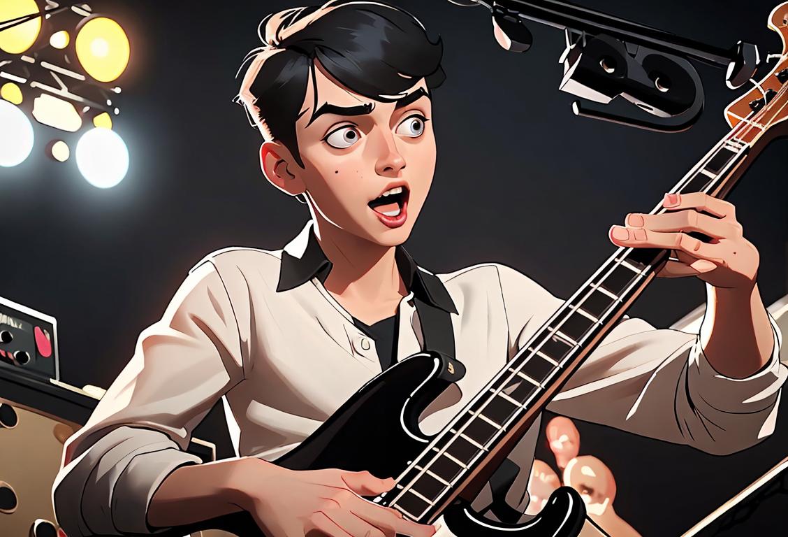 An image of a person passionately playing a bass guitar, with their fingers sliding along the strings. The person is dressed in a trendy outfit, with a cool haircut, and is surrounded by a vibrant music venue filled with excited fans..