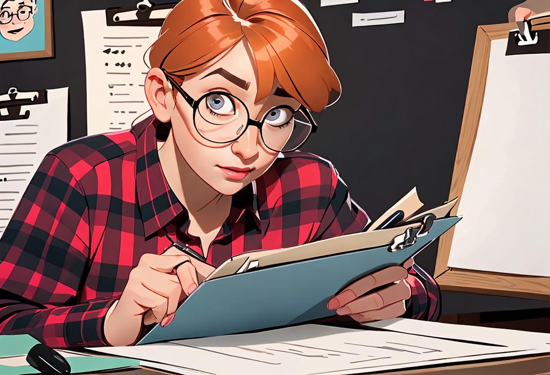 A person with glasses, holding a clipboard, wearing a plaid shirt, in a bustling office setting..