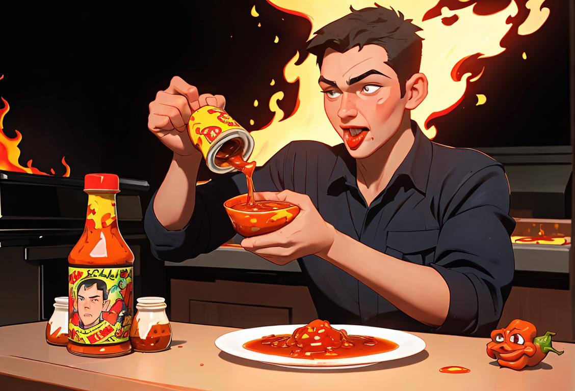 Young man dressed as a fireman, tasting hot sauce with excitement, surrounded by chili peppers and flames..