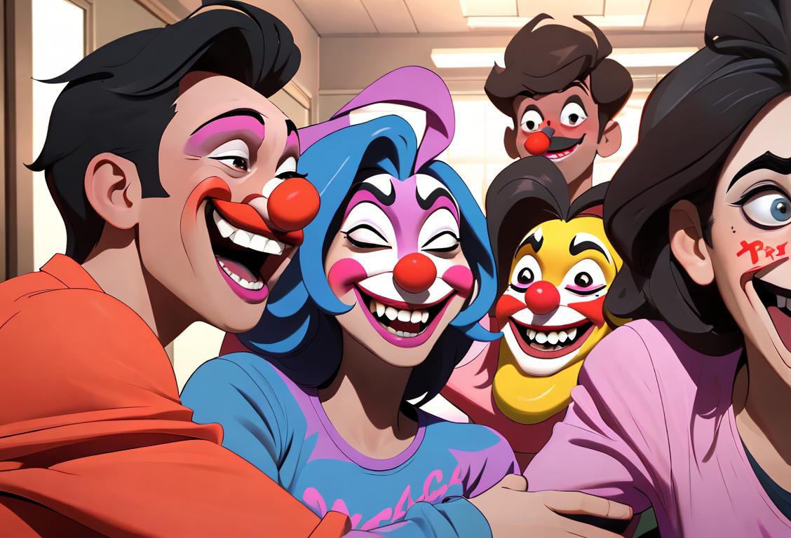 A group of friends laughing together while pulling a harmless prank. They are wearing casual clothes and are in a school hallway setting. One friend is holding a whoopee cushion while another friend is wearing a clown nose. The atmosphere is filled with excitement and joy as they celebrate National Prank Day..