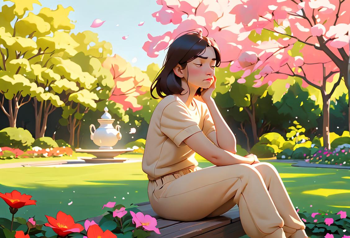 A person sitting in a peaceful garden, surrounded by serene nature, taking deep breaths to calm their anger. They are wearing comfortable clothing, like a loose cotton shirt and sweatpants, embracing a relaxed style. The scene is filled with warm sunlight and colorful flowers, creating a tranquil atmosphere to help manage the emotions. .