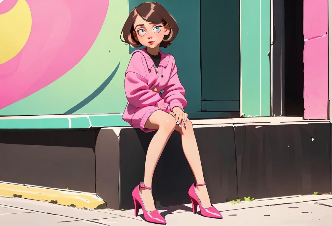 A stylish short girl wearing cute heels or comfy flats, surrounded by a vibrant urban setting and trendy fashion accessories..