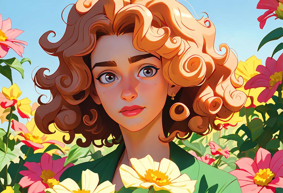 A person with beautiful curly hair, embracing their natural curls, surrounded by colorful flowers in a sunny garden..
