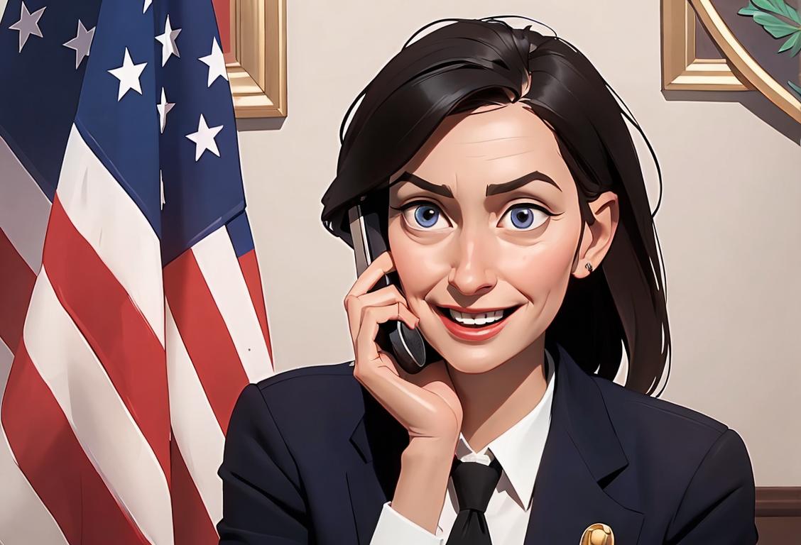 Happy person talking on a phone with a United States flag in the background, wearing a professional outfit, office setting..