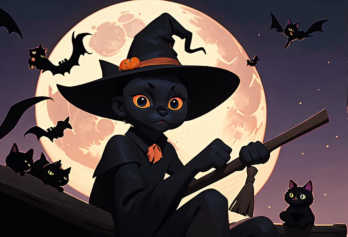 Black cat sitting on a broomstick, wearing a witch hat, against a full moon backdrop, Halloween-themed setting..