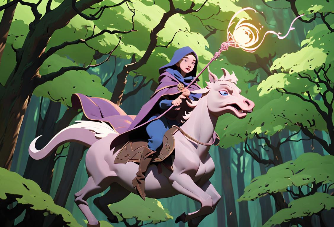 Young person riding a magical dragon, wearing a cloak and holding a wand, in a mythical forest..