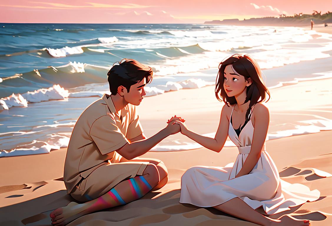 A young couple sitting on a sandy beach, holding hands, with a heart drawn in the sand. She's wearing a flowy summer dress and he's in casual beach attire, surrounded by a beautiful sunset..
