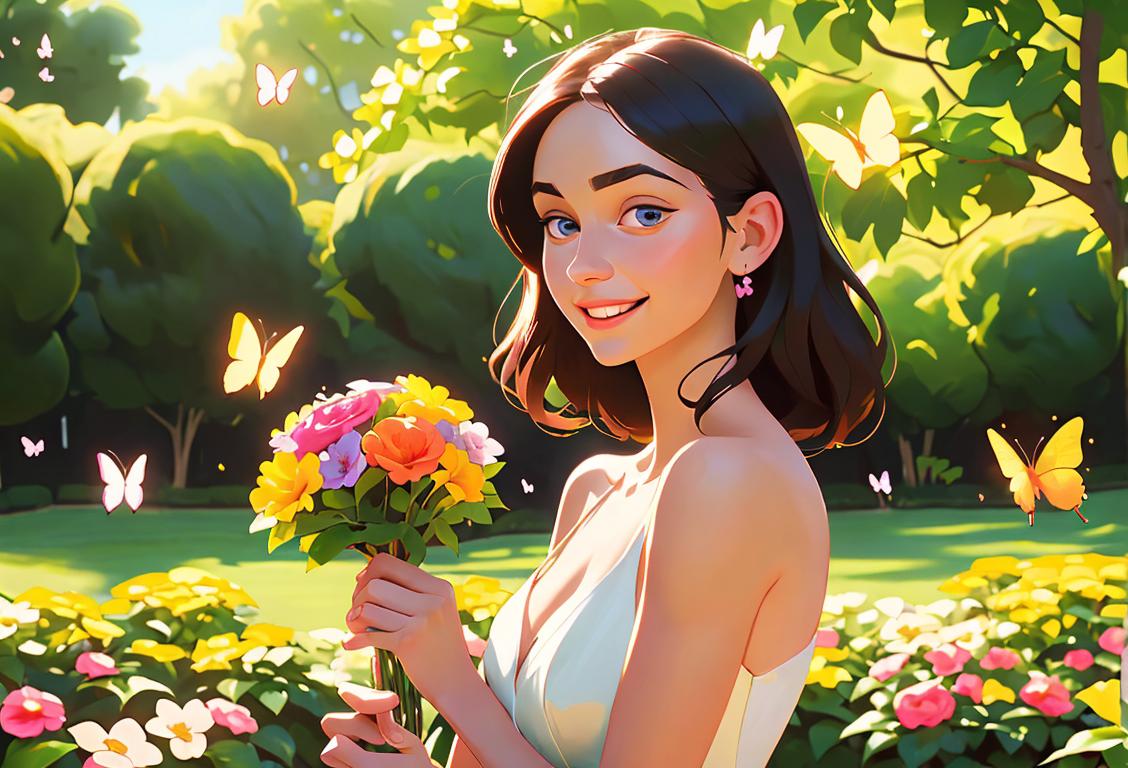 Young woman holding a flower bouquet with a joyful expression, wearing a flowy dress, garden setting with butterflies fluttering in the background..
