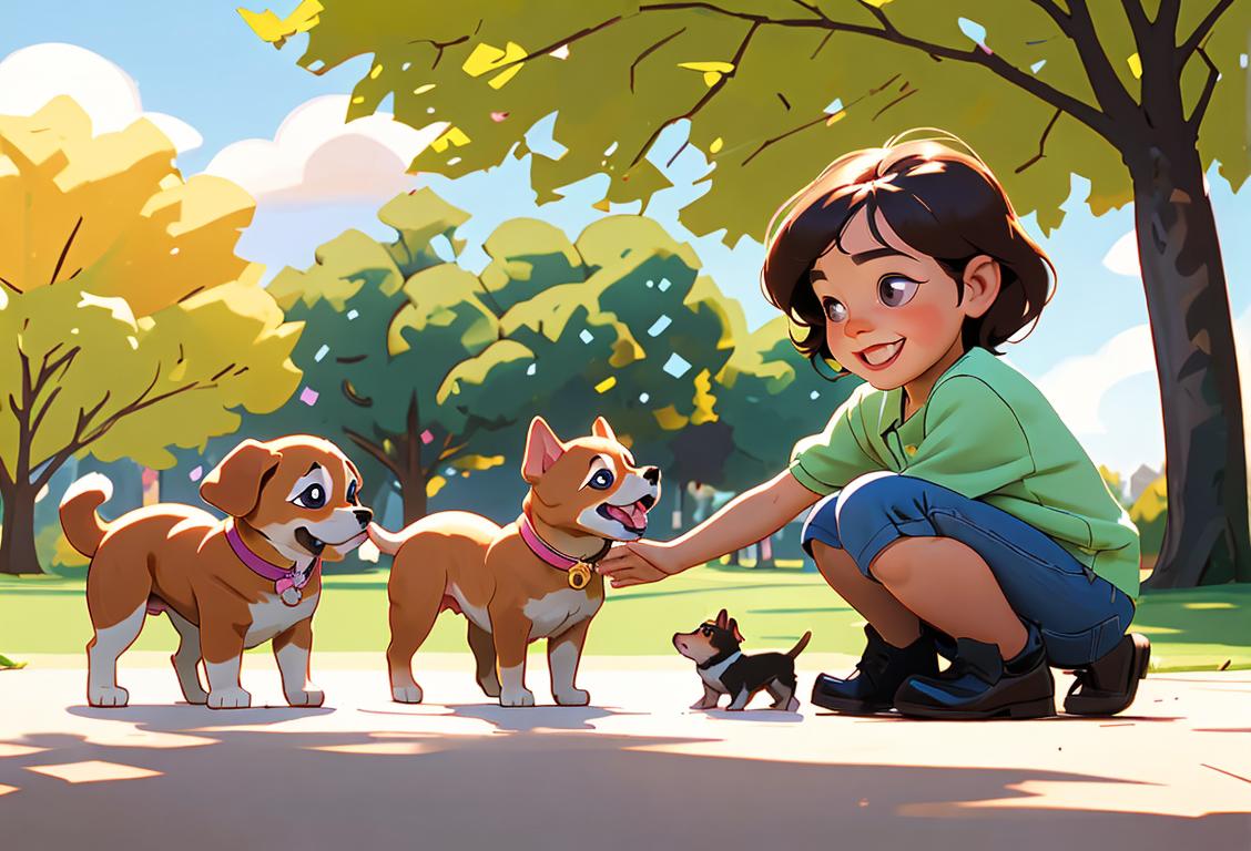 Happy, smiling young child playing with a group of adorable puppies in a sunny park setting..