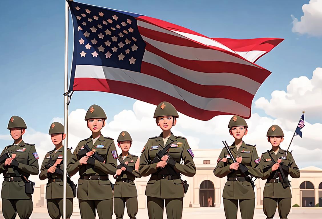 A group of National Guard members in uniform, standing together with proud smiles, in front of an American flag backdrop..