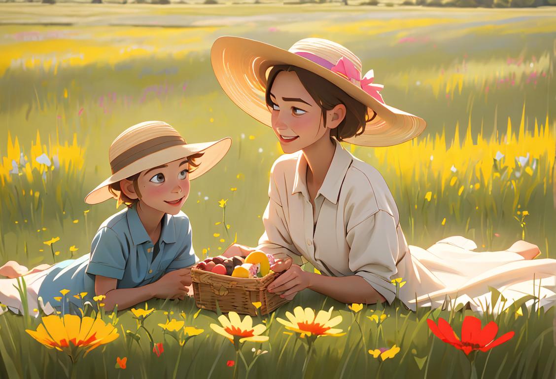 Happy family picnicking on a lush prairie, with colorful wildflowers, picnic blanket, and sun hats..
