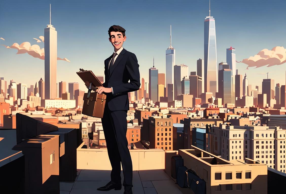 A smiling young professional wearing a sharp suit, holding a briefcase, against a bustling city skyline backdrop..