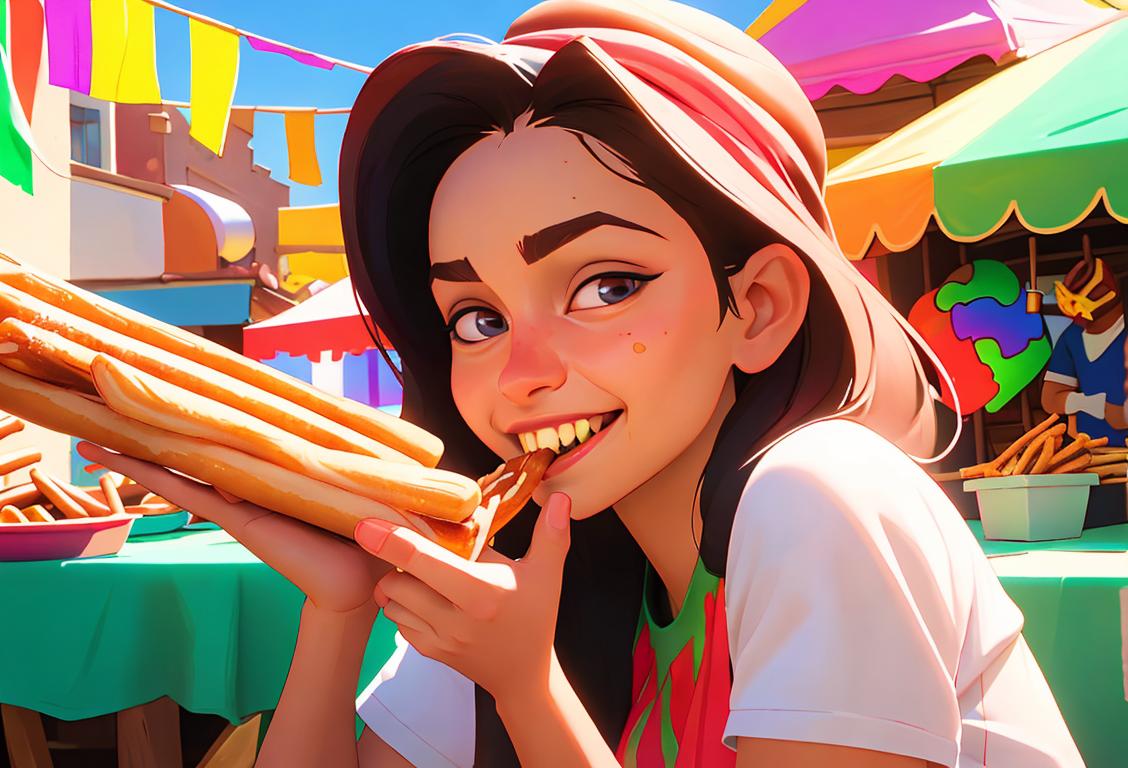 Smiling girl biting into a churro, wearing colorful fiesta clothes, festive Mexican street food scene..