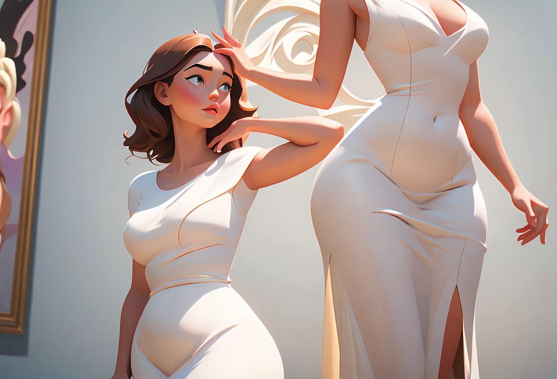 Young woman admiring a curvy sculpture, wearing a flowy sundress, art gallery setting..
