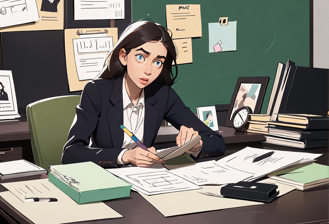 A person organizing a messy desk, wearing a smart, casual outfit, office setting with files and a productivity planner in the background..