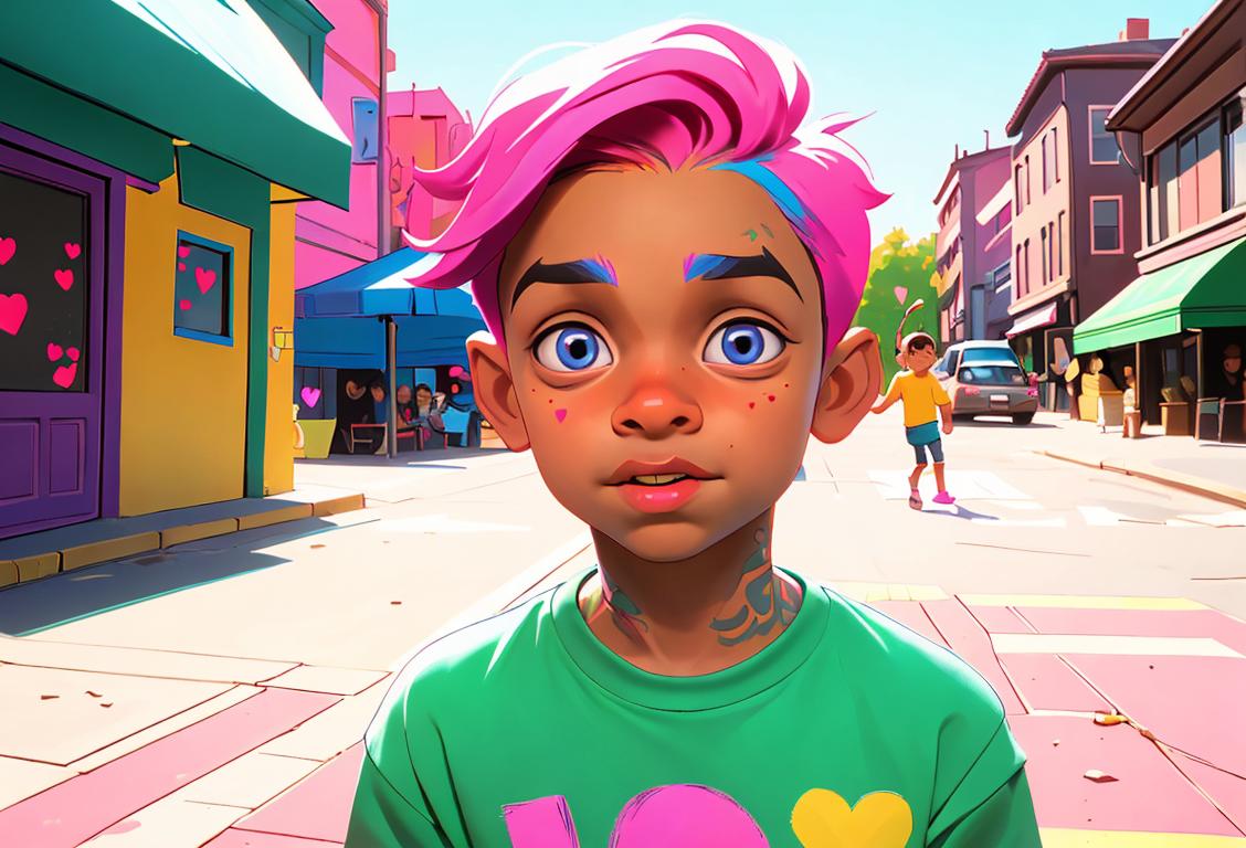 Young person wearing a #tybg shirt, spreading love and positivity in a colorful, vibrant urban setting..