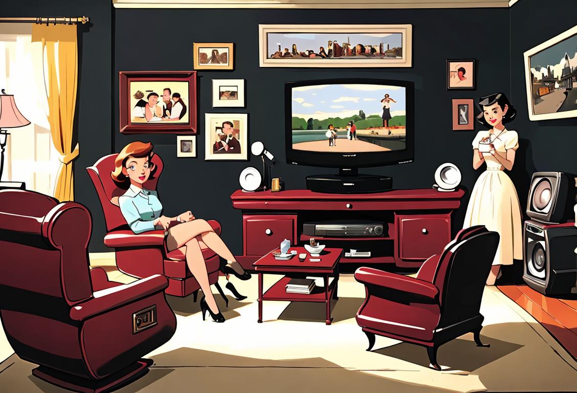 A family gathered around an old television set, watching a black and white show, dressed in vintage 1950s fashion, living room setting..