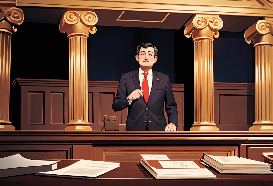 Ted Cruz holding a gavel, standing in front of a courtroom, with stacks of newspapers and a dramatic spotlight..