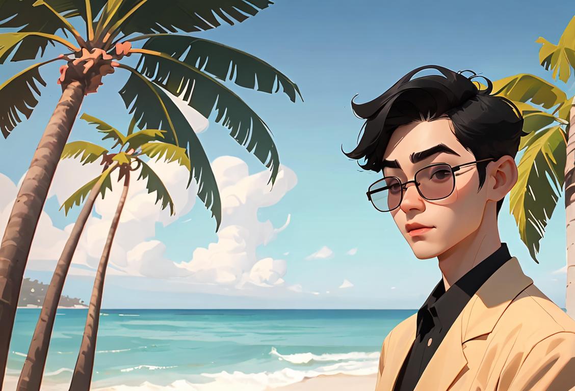 Young man named Jaehyun, wearing a stylish outfit with sunglasses, enjoying a peaceful day at the beach with palm trees in the background..