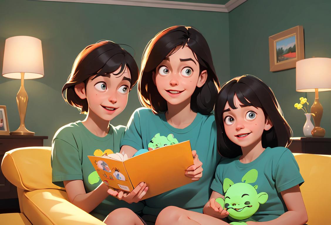 A cheerful family turning off lights, wearing matching 'Save Energy, Save the Planet' t-shirts, cozy living room setting..