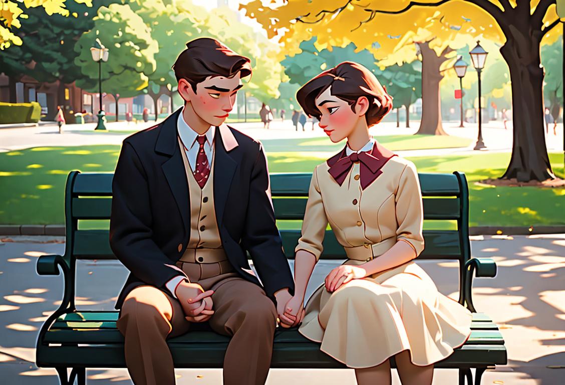 Young couple sitting on a park bench, holding hands, wearing vintage attire, surrounded by romantic decorations..