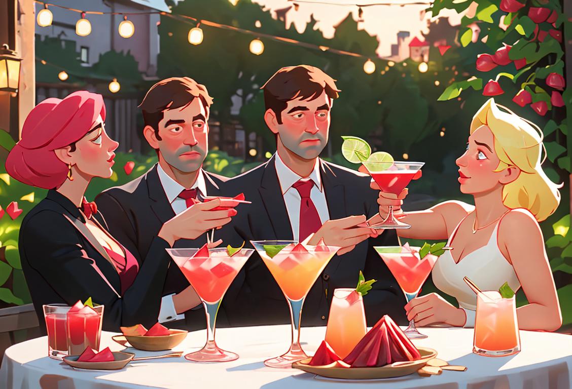 A group of friends raising their glasses filled with rhubarb vodka, wearing colorful cocktail attire, in a festive outdoor garden setting..