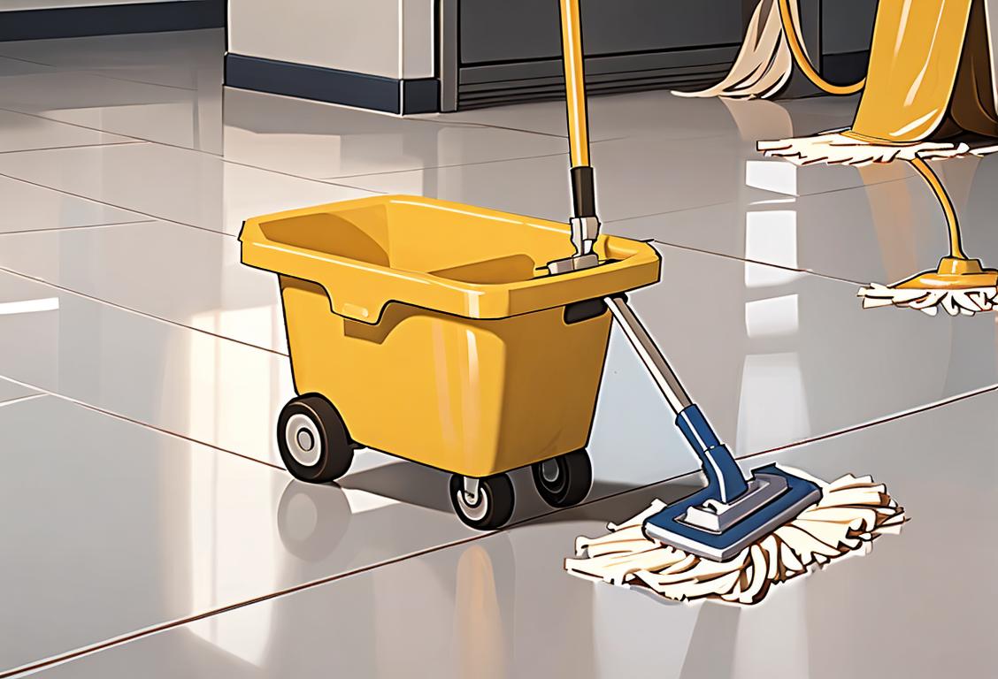 A janitor in a school hallway, wearing a friendly smile, holding a mop and a bucket, surrounded by clean and sparkling floors..