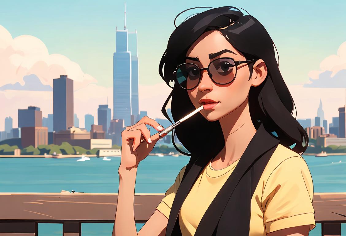 A person wearing summer attire, sunglasses and holding a thermometer with a city skyline in the background..