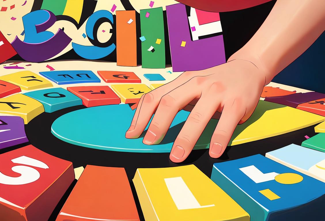 Close-up of a person's hands typing on a keyboard, surrounded by colorful confetti and a banner that says 'National qc Day'..