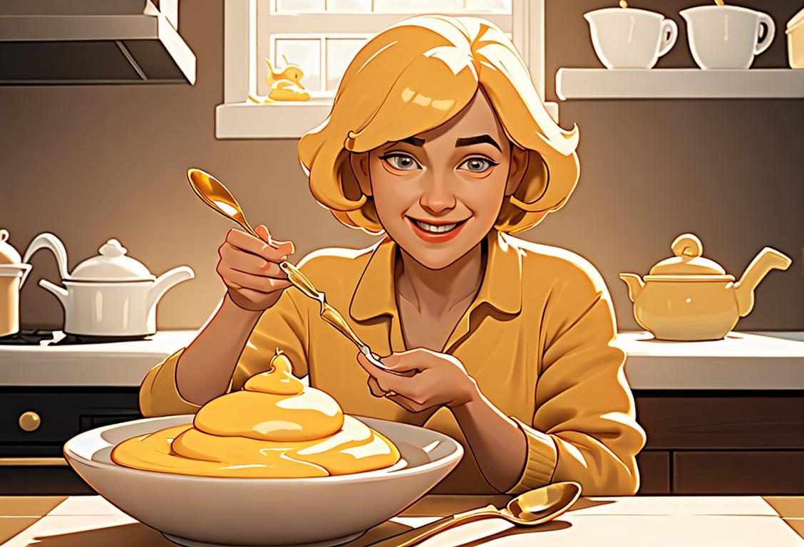 A joyful person surrounded by golden custard, holding a spoon, in a cozy kitchen setting..