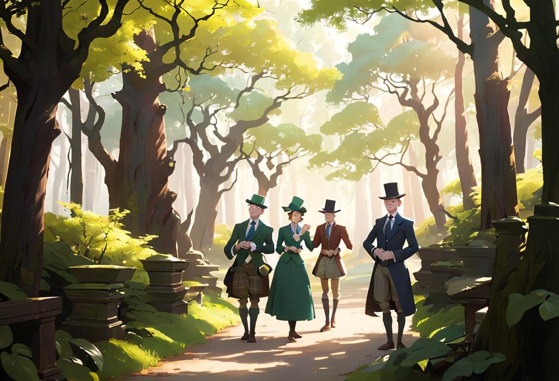 A group of individuals named Scott wearing different styles of hats and clothing, reminiscent of famous Scotts throughout history. The scene is set in a mysterious, enchanted forest with hints of a magical aura lingering in the air..