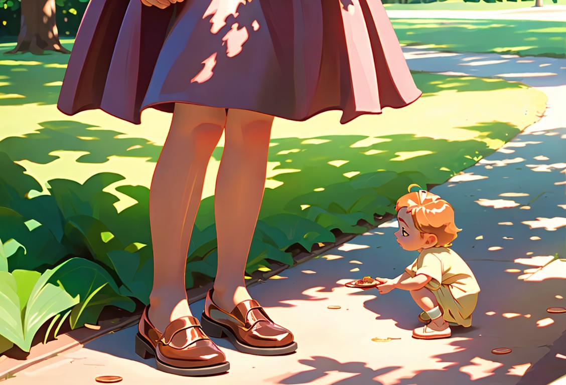 A child holding a shiny penny in their hand, dressed in summer clothes, standing in a sunlit park..