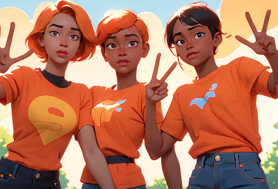 A diverse group of people, wearing orange shirts, holding hands, standing in a sunny park with peace signs in the background..