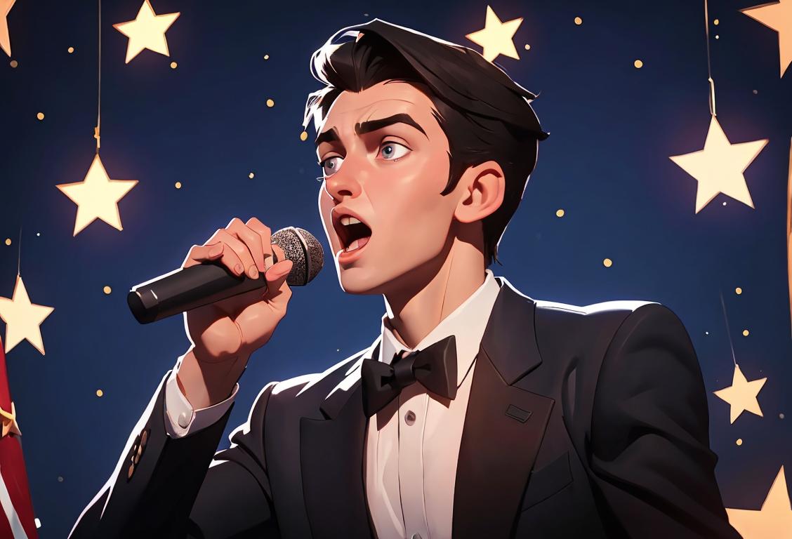 Young man wearing a suit, clutching a microphone, amidst a lively crowd, exuding star quality and passion on National Qualifier Day..