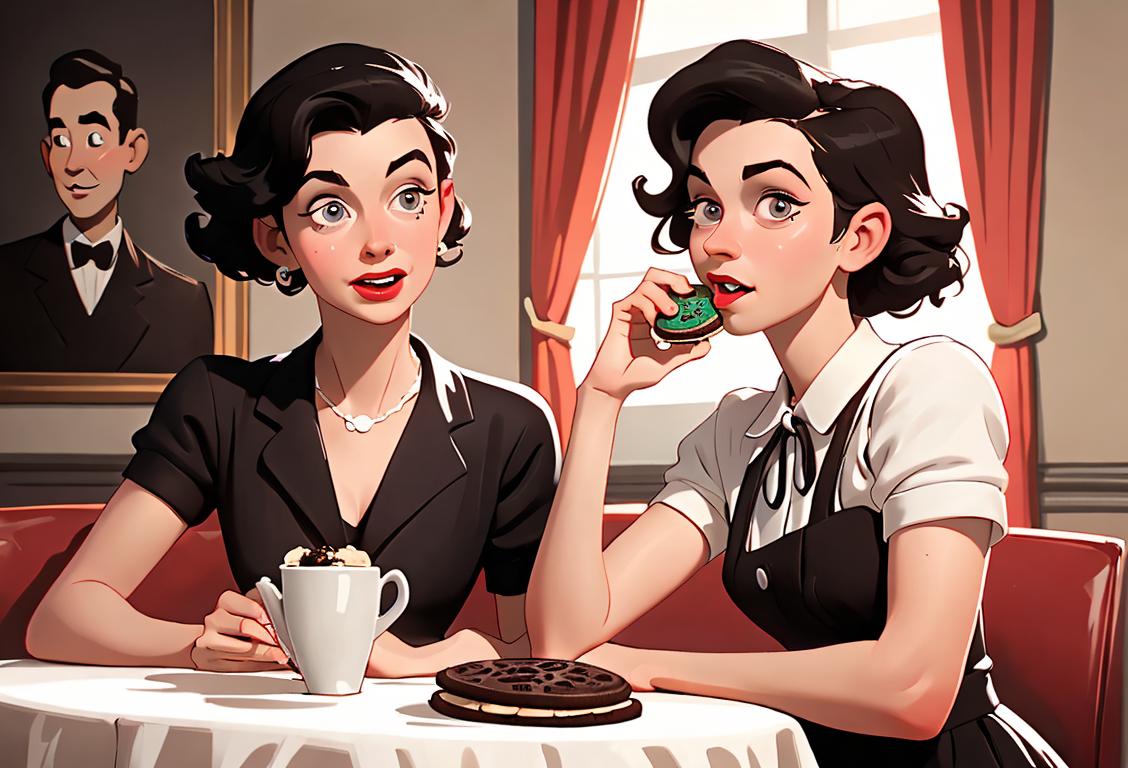 Image of a person enjoying an Oreo cookie, wearing a classic 1950s outfit, in a retro diner setting..