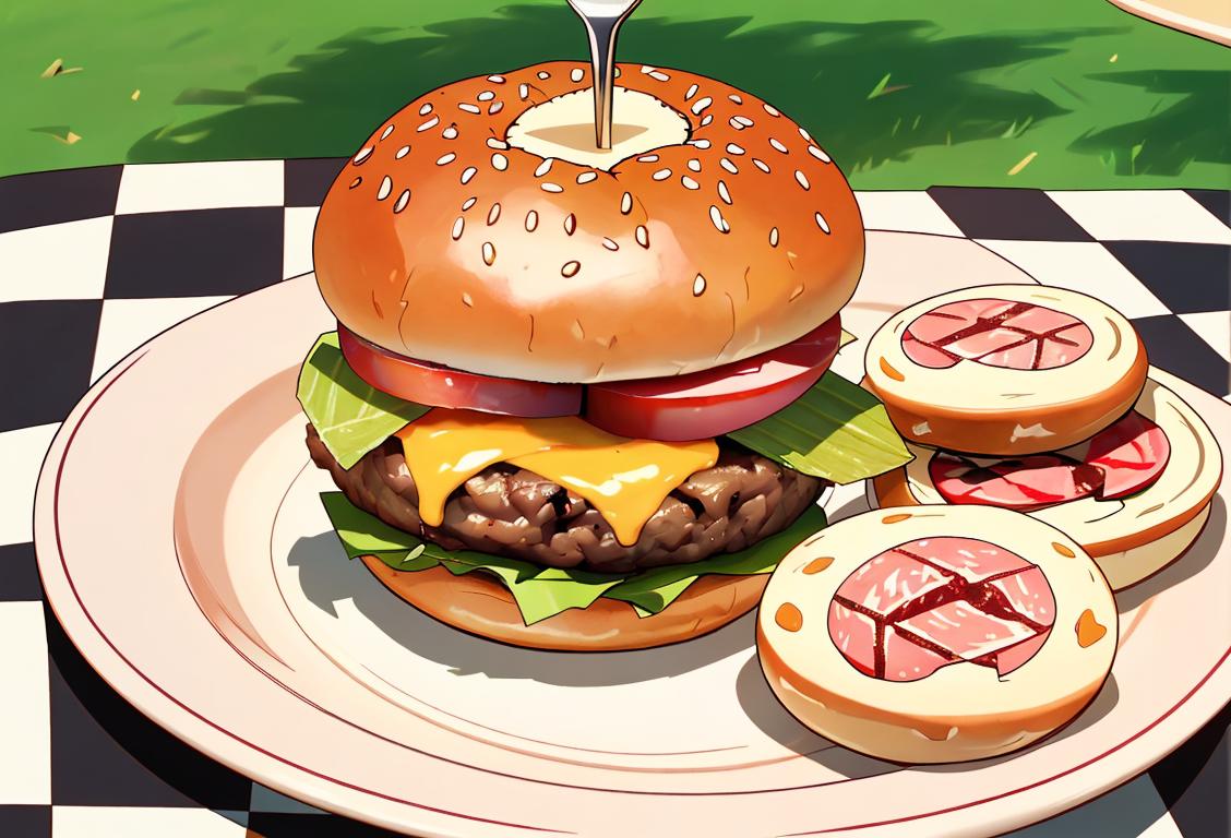 Juicy, mouthwatering burger with toppings, served on a retro-style checkerboard plate, in a bustling outdoor picnic setting on a sunny day..