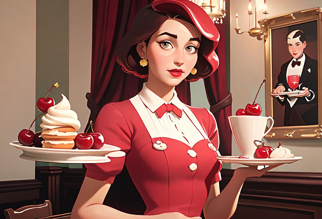 Young woman holding a tray of cherries jubilee, wearing a vintage-inspired dress, classic dessert parlor setting..