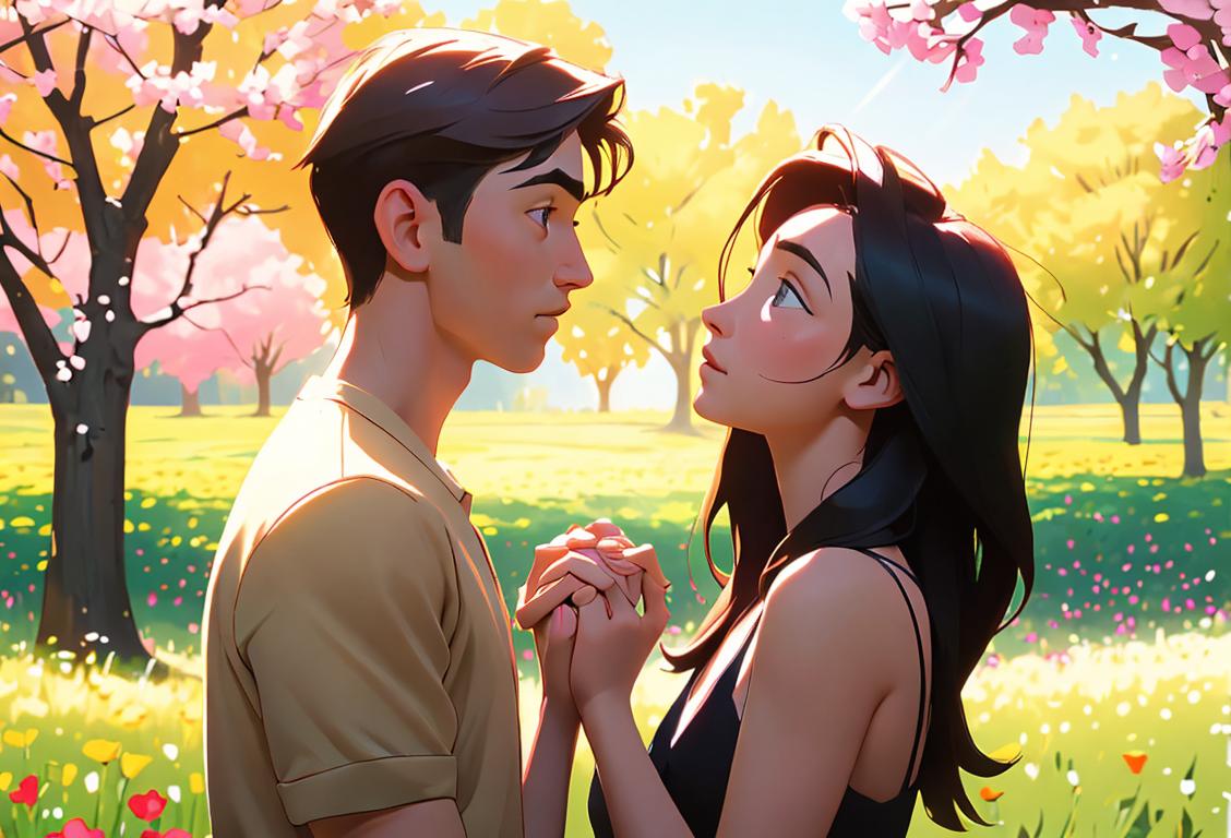 Young adult couple staring into each other's eyes, holding hands, surrounded by a field of blooming flowers and sunlight filtering through the trees..
