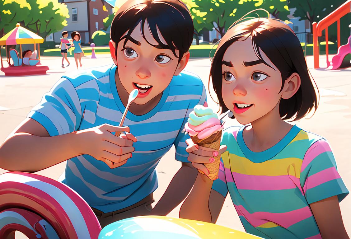 Young siblings laughing while sharing ice cream, wearing matching striped shirts, park setting with colorful playground equipment..