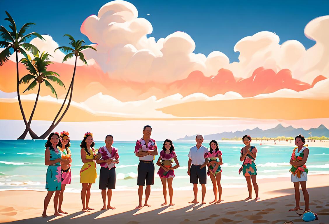 Group of diverse people in beach attire, enjoying a Hawaiian luau in a tropical Kapolei beach setting..